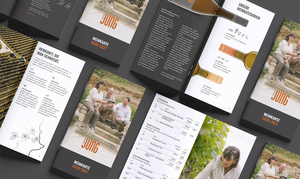Weinkarten-Design für Weingut Jung aus Undenheim. Designed von Winkler Unternehmensberatung & Design